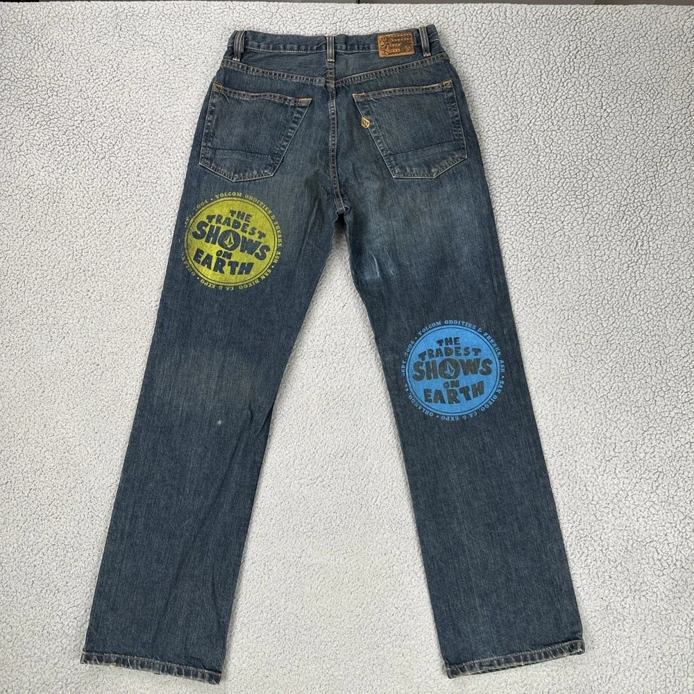 VTG Y2K Volcom Black Bart Button Fly Jeans Men 30x32 Blue Straight Leg Painted